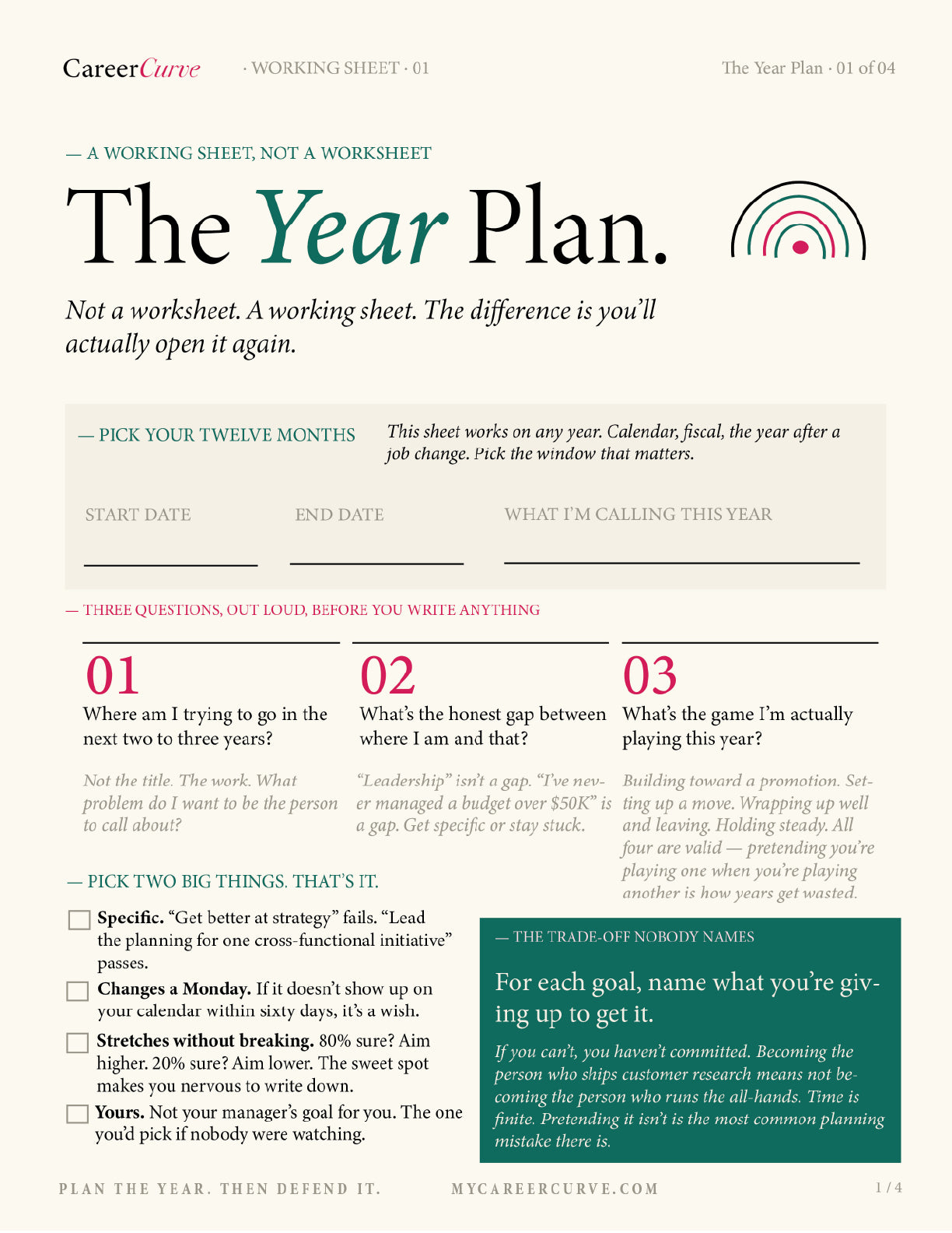 The Year Plan — A Working Sheet for Planning Your Next Move
